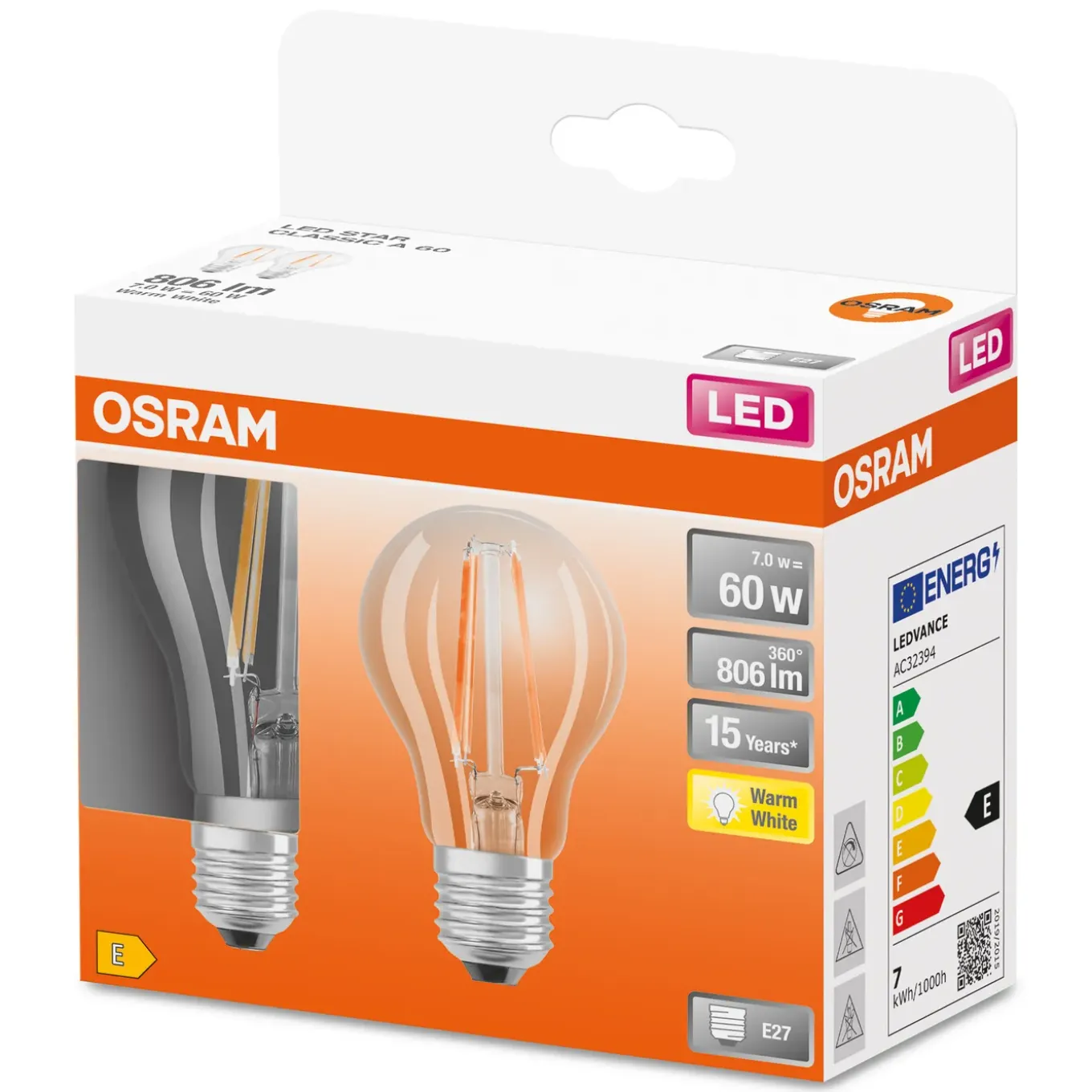 Osram Ledfilamentlamp Peertje Retrofit - D6cm - Warm Wit - E27 - 6,5W - 2 stuks