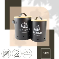 Otix Voorraadpotten Met Deksel Zwart Set Van 2 Knoflookpot Uienpot Metaal Bamboe Aries