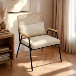 Oviala Relaxfauteuil In Staal Synthetisch Rotan En Stof Miley Ecru