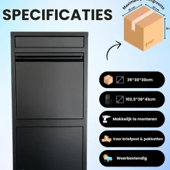 ParcelXL ® - Pakketbrievenbus - Pakketbox - Vrijstaand - Brievenbus Hangend - Zwart - XXL - Post