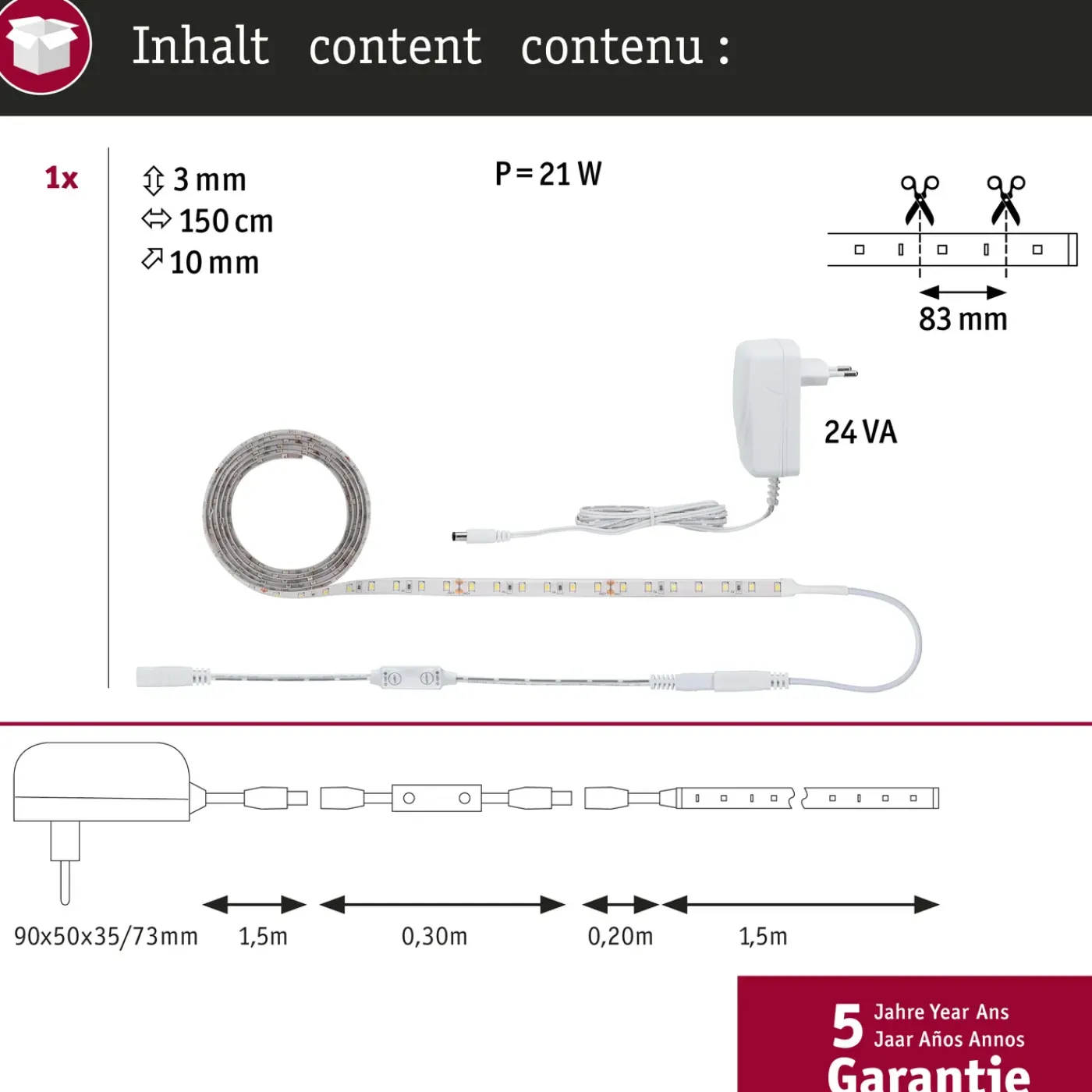 Paulmann ledstrip Function SimpLED 1,5m neutraal wit dimbaar schakelbaar 17W
