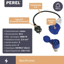 Perel Verloopkabel, H07RN-F 3G2.5, 3 m, 3680 W, Binnen en buiten, IP44, Zwart, Rubber