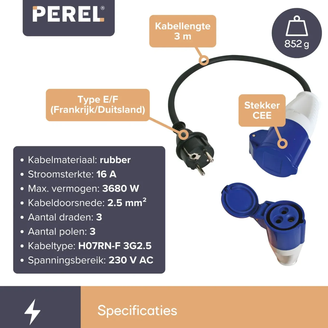 Perel Verloopkabel, H07RN-F 3G2.5, 3 m, 3680 W, Binnen en buiten, IP44, Zwart, Rubber