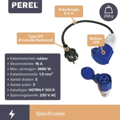 Perel Verloopkabel, H07RN-F 3G1.5, 0.4 m, 3680 W, Binnen en buiten, IP44, Zwart, Rubber