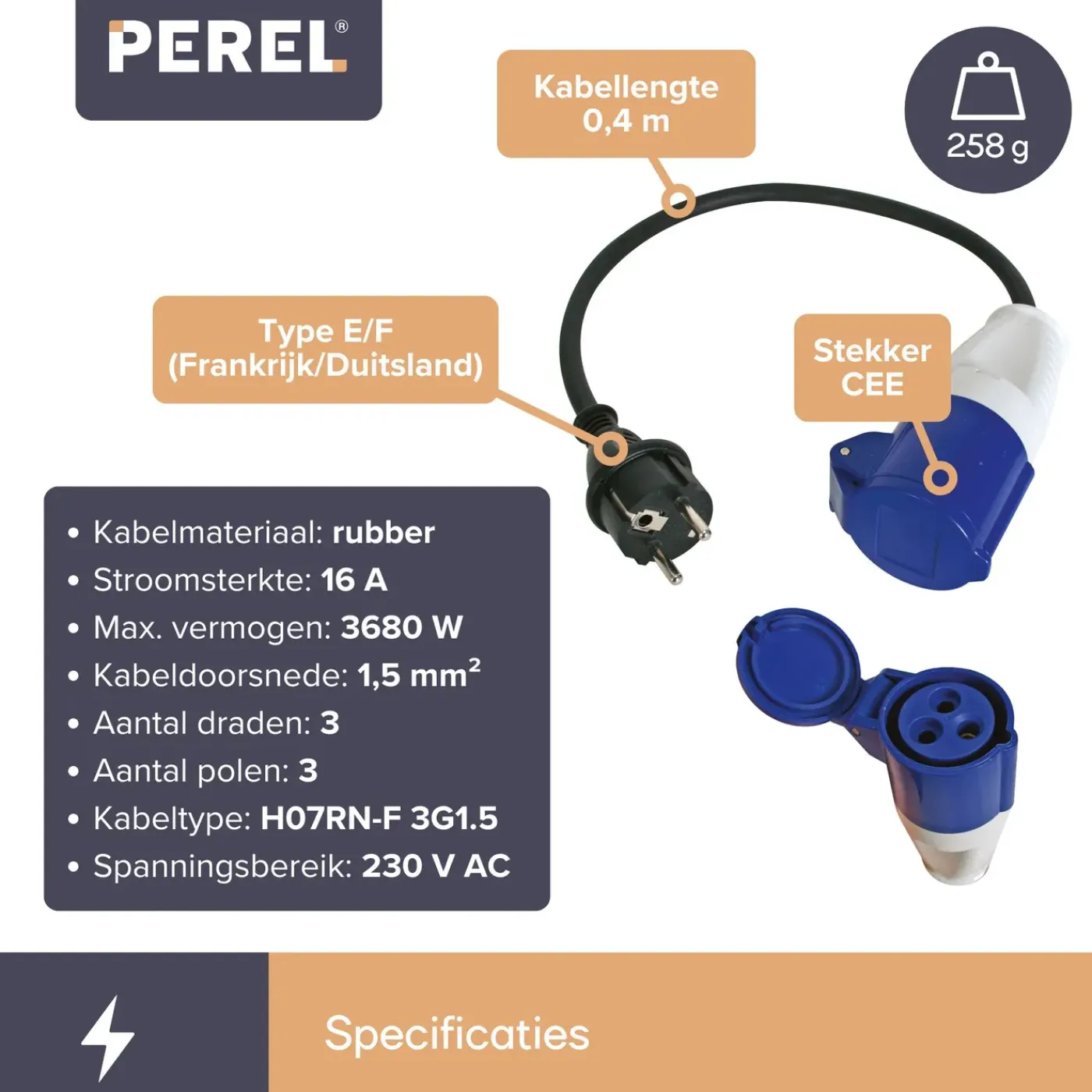 Perel Verloopkabel, H07RN-F 3G1.5, 0.4 m, 3680 W, Binnen en buiten, IP44, Zwart, Rubber