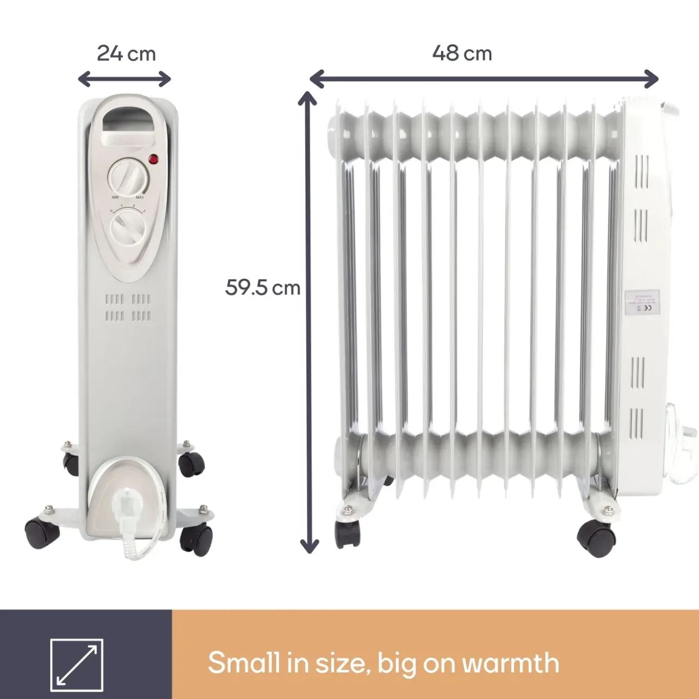 Perel 2500w Olieradiator Met 11 Ribben, 3 Warmtestanden, Instelbare Thermostaat, 24 X 48 X 59.5 Cm,