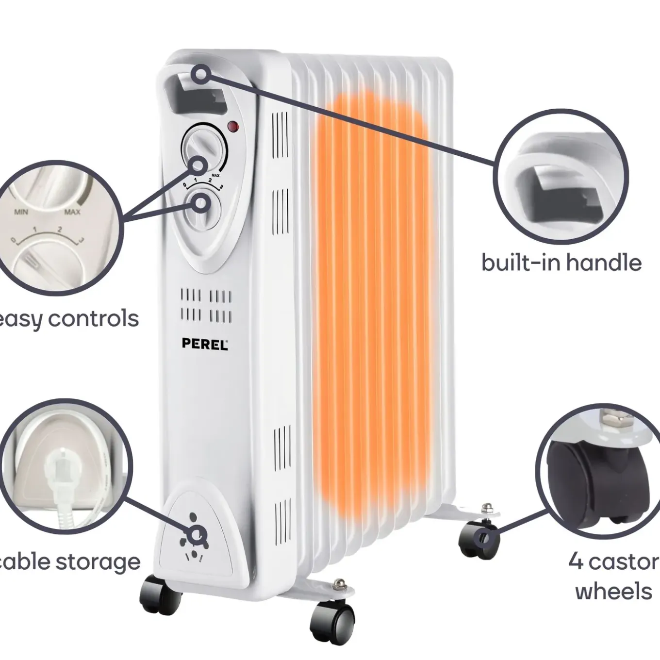 Perel 2500w Olieradiator Met 11 Ribben, 3 Warmtestanden, Instelbare Thermostaat, 24 X 48 X 59.5 Cm,