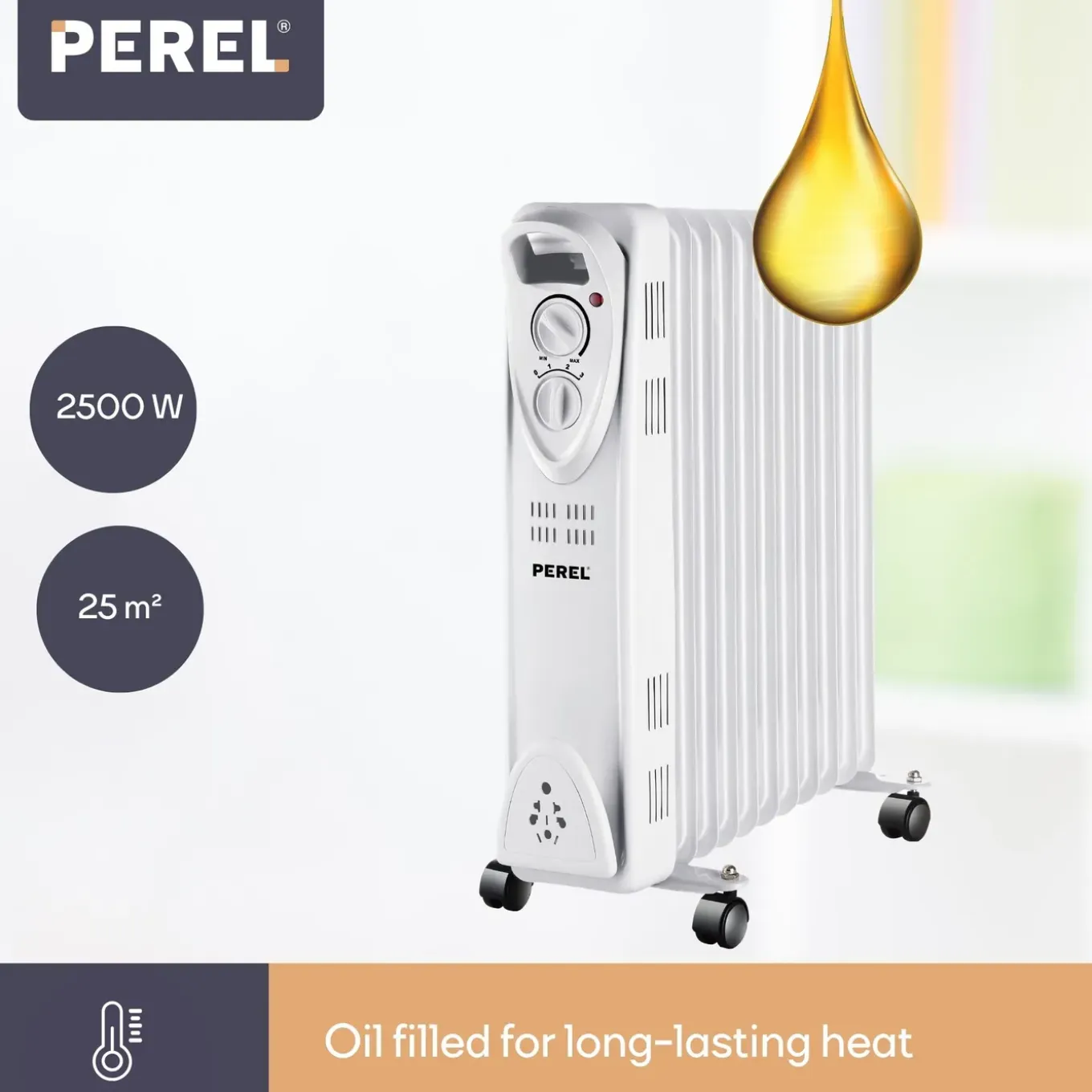 Perel 2500w Olieradiator Met 11 Ribben, 3 Warmtestanden, Instelbare Thermostaat, 24 X 48 X 59.5 Cm,