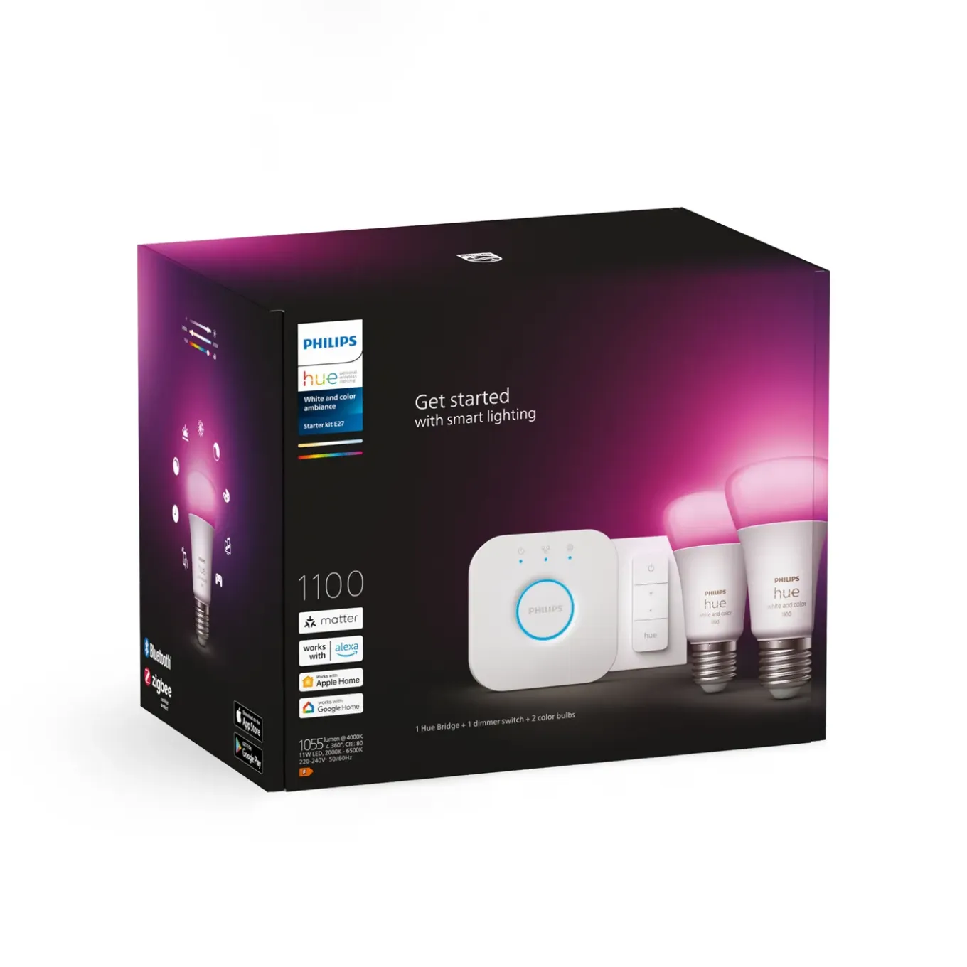 Philips Hue starterkit wit en gekleurd licht E27 9W 2 stuks met Hue Bridge en Hue Dimmer switch