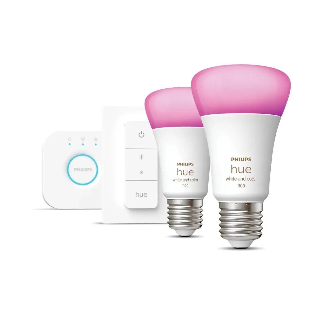 Philips Hue starterkit wit en gekleurd licht E27 9W 2 stuks met Hue Bridge en Hue Dimmer switch