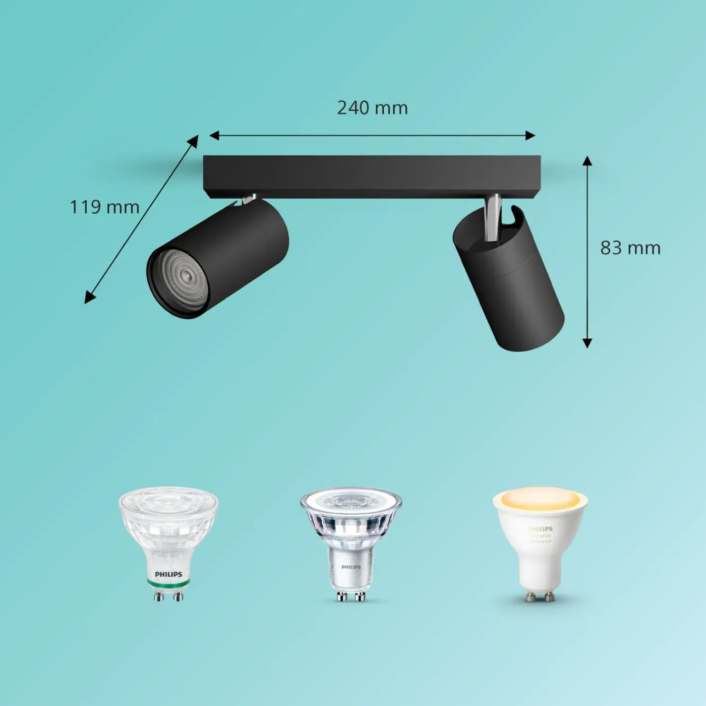Philips Opbouwspot Idris - Zwart - 11,9cm - 2xGU10