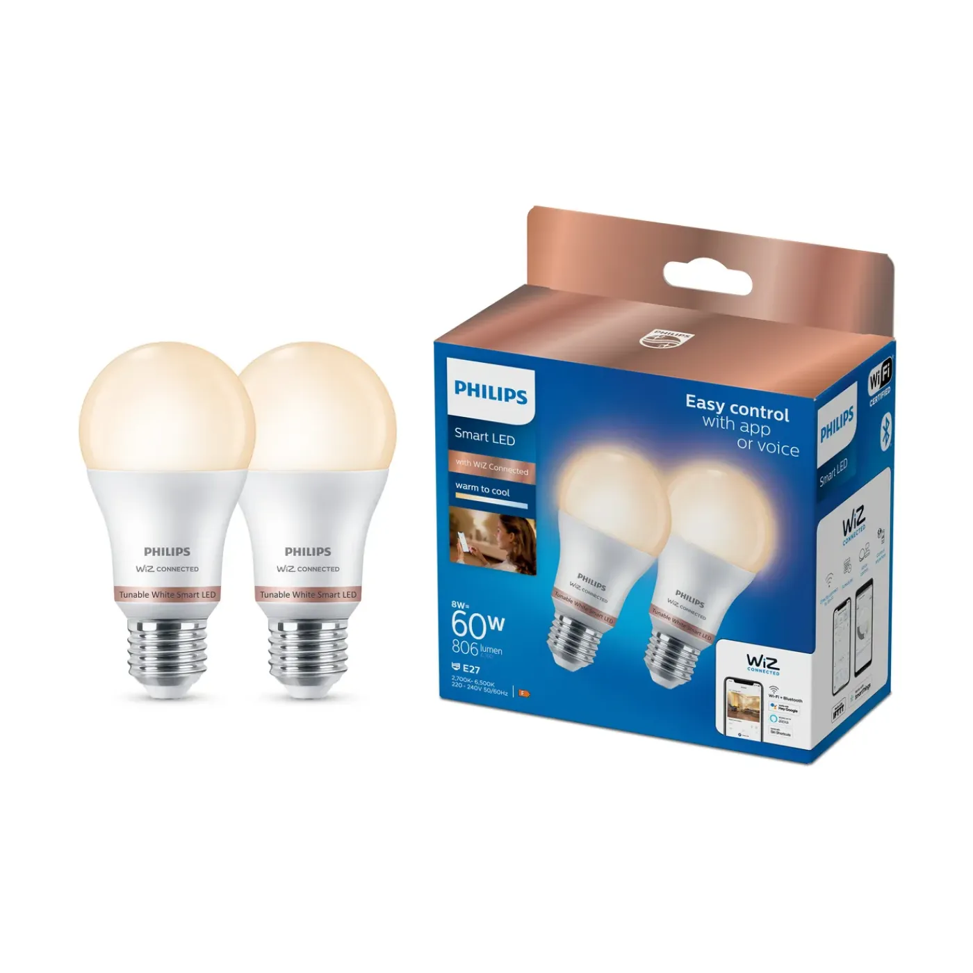 Philips slimme ledlamp A60 E27 8W set van 2