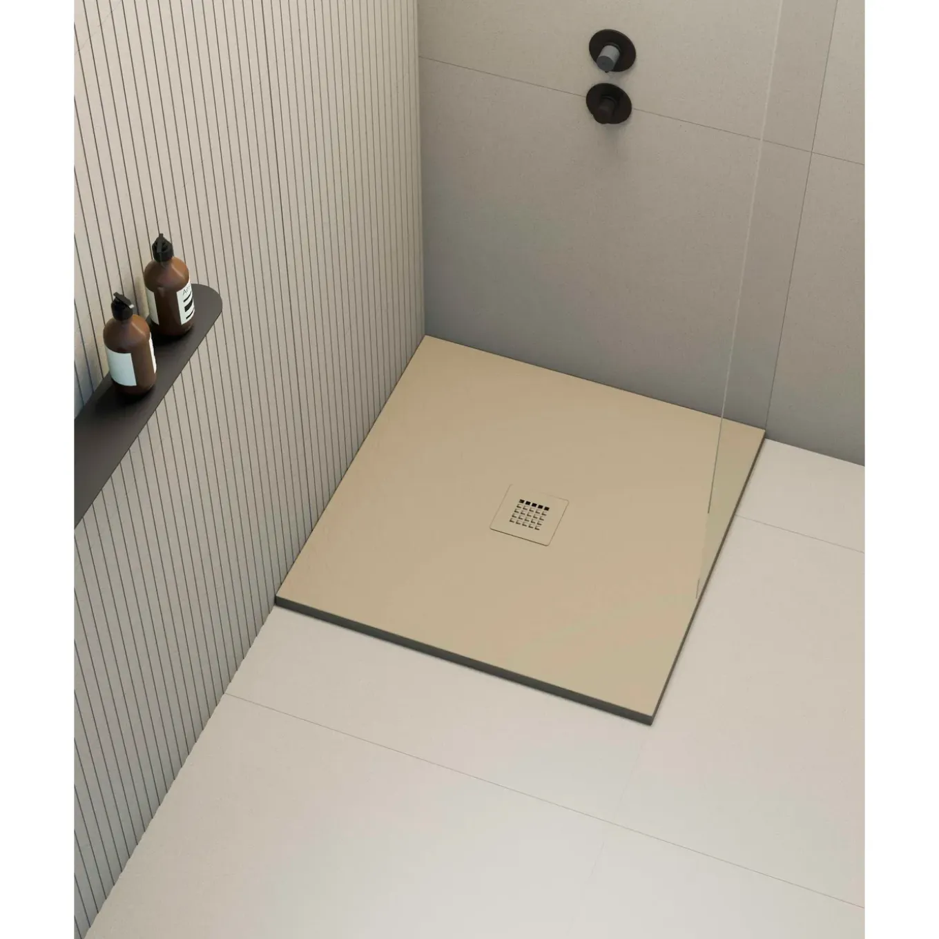 Poalgi - Douchebak Extra Plat Antislip - Serie Hos's - Beige - 80x80 Cm - Textuur Leisteen