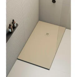 POALGI - Douchebak Extra Plat Antislip - Serie Hos's - Beige - 80x180 Cm - Textuur Leisteen