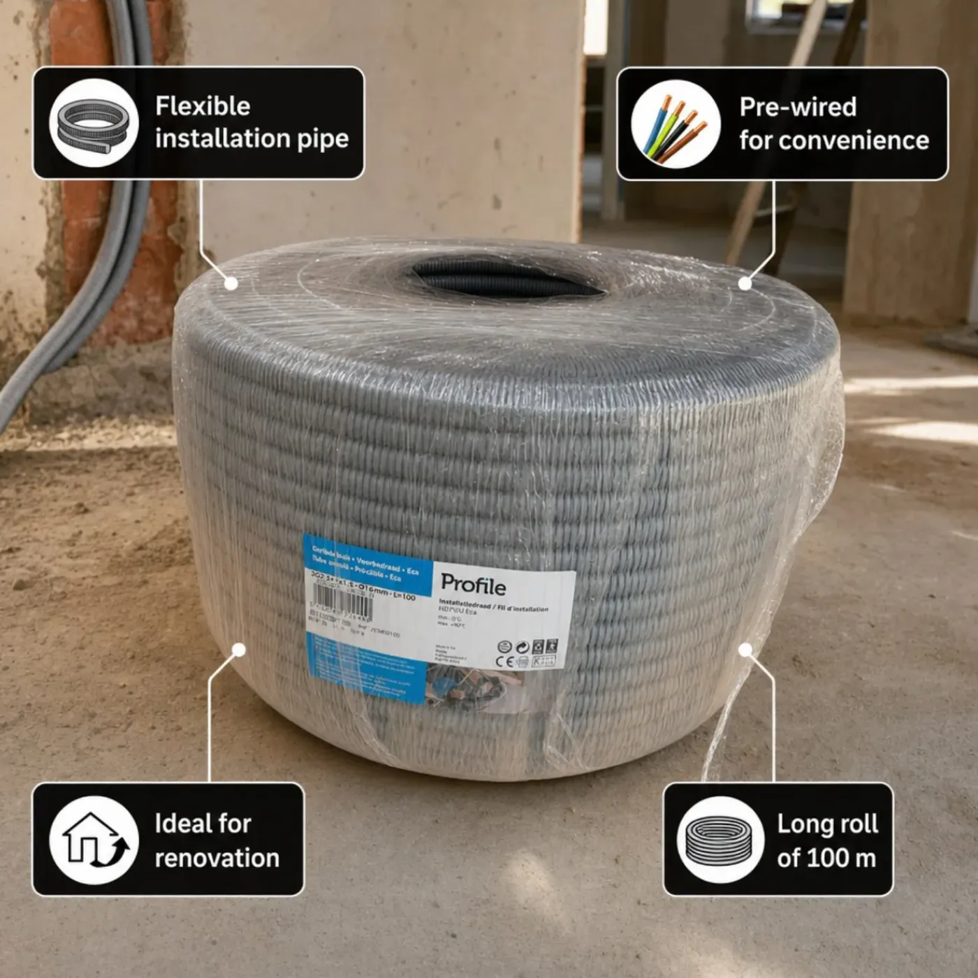 Profile Voorbedrade Flexibele Buis 16 Mm 100 M Grijs Met Vd Draad Voor Binneninstallaties