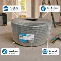 Profile Voorbedrade Flexibele Buis 16 Mm 100 M Grijs Met Vd Draad Voor Binneninstallaties