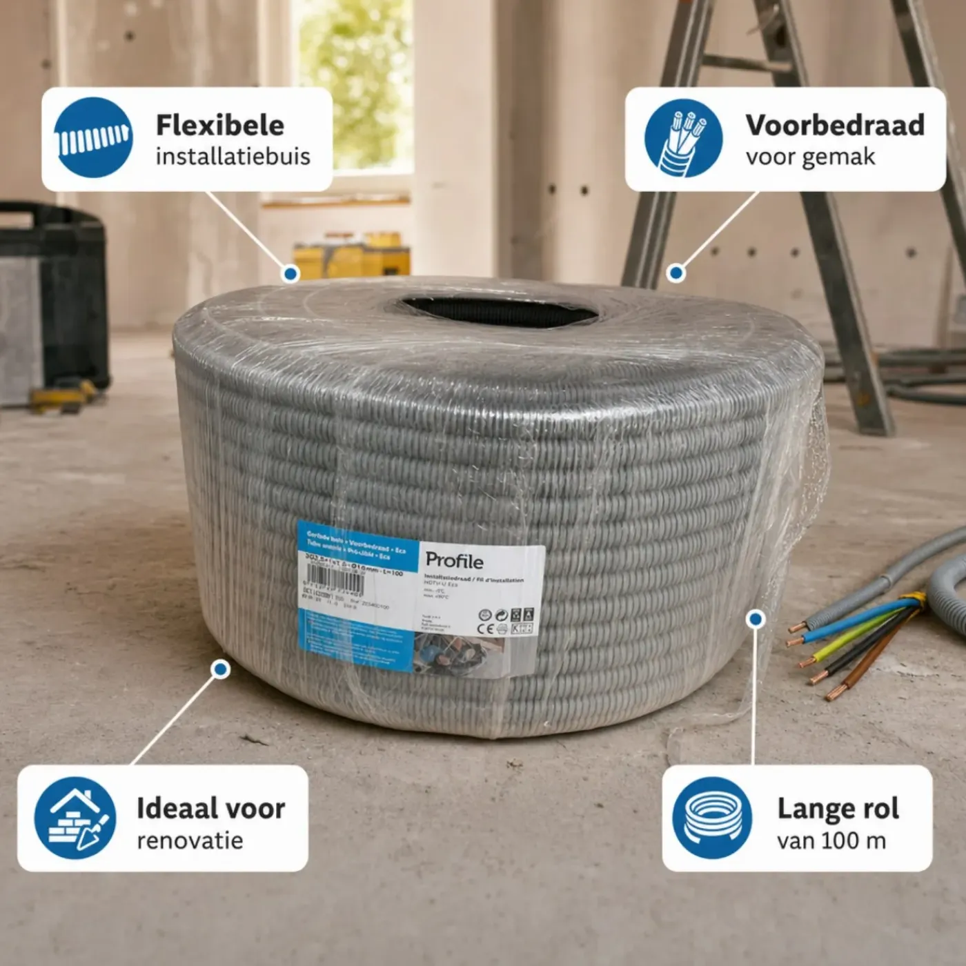Profile Voorbedrade Flexibele Buis 16 Mm 100 M Grijs Met Vd Draad Voor Binneninstallaties