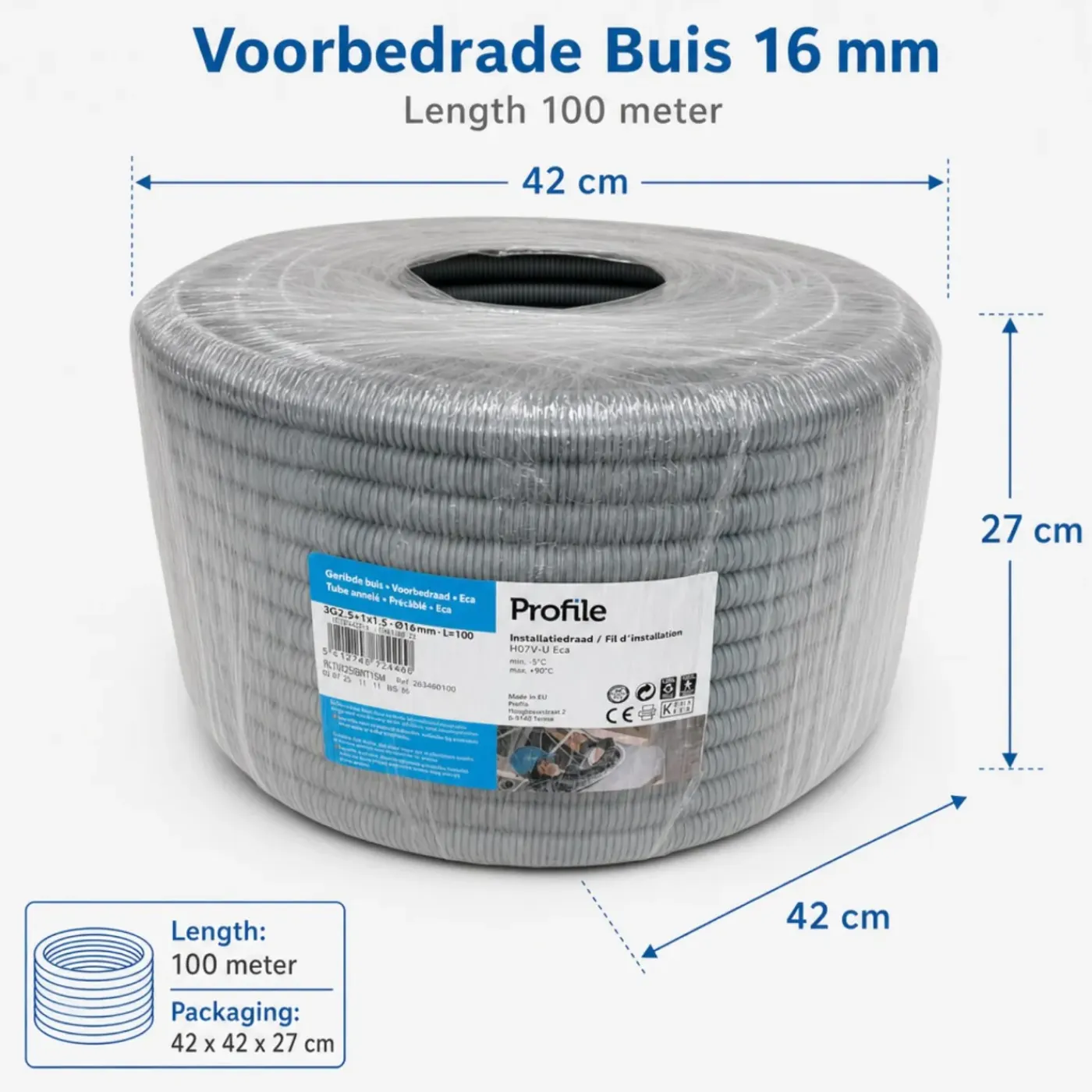 Profile Voorbedrade Flexibele Buis 16 Mm 100 M Grijs Met Vd Draad Voor Binneninstallaties
