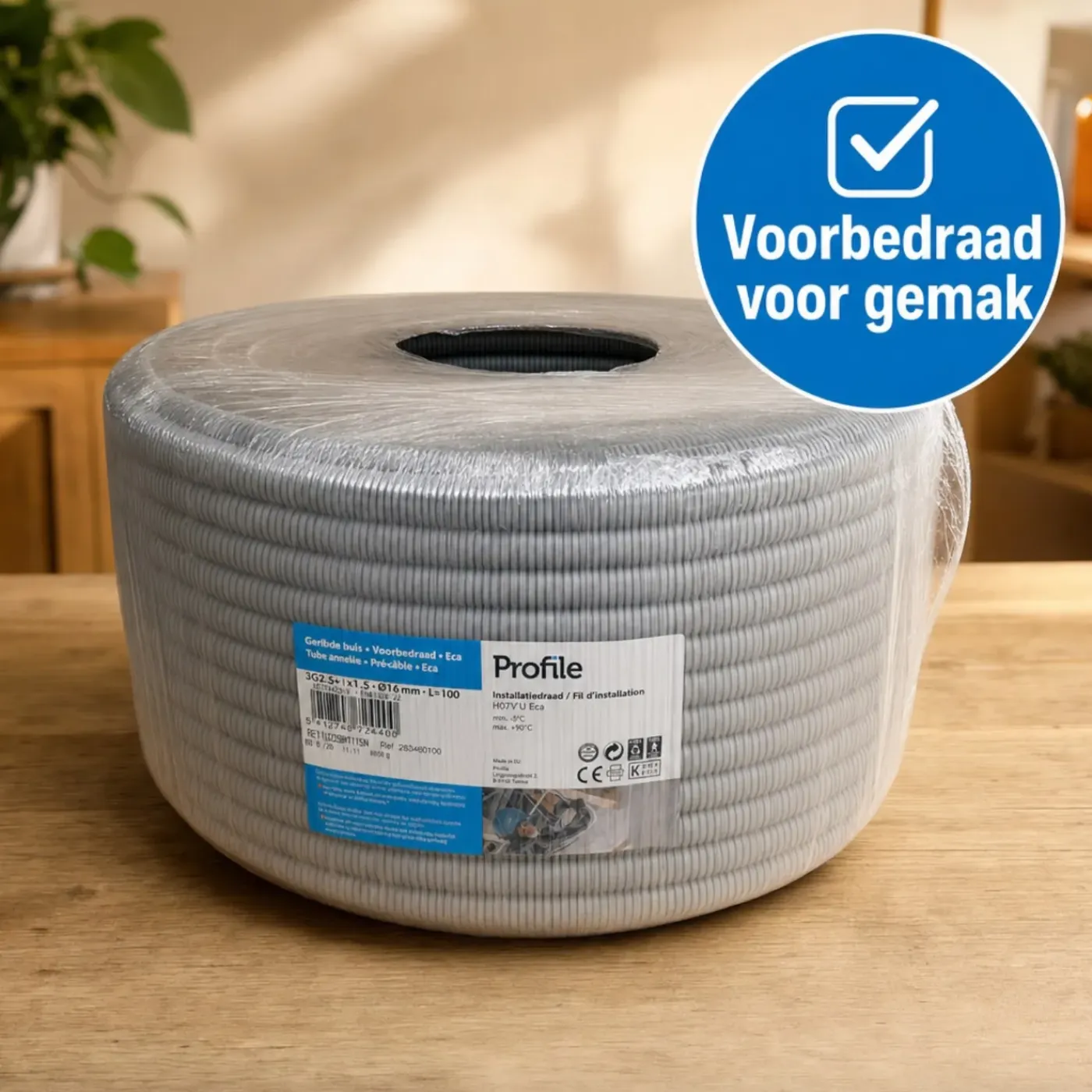 Profile Voorbedrade Flexibele Buis 16 Mm 100 M Grijs Met Vd Draad Voor Binneninstallaties