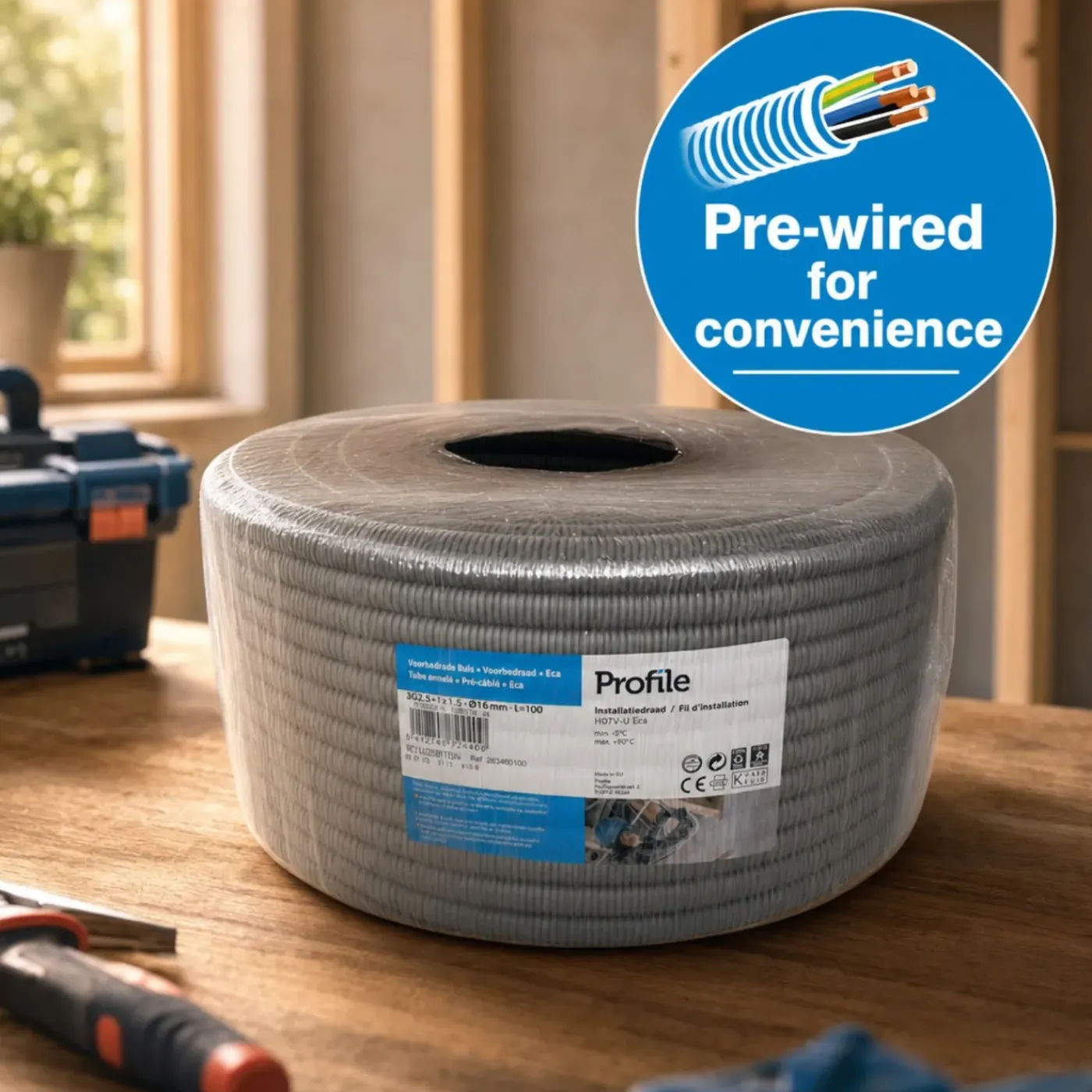 Profile Voorbedrade Flexibele Buis 16 Mm 100 M Grijs Met Vd Draad Voor Binneninstallaties