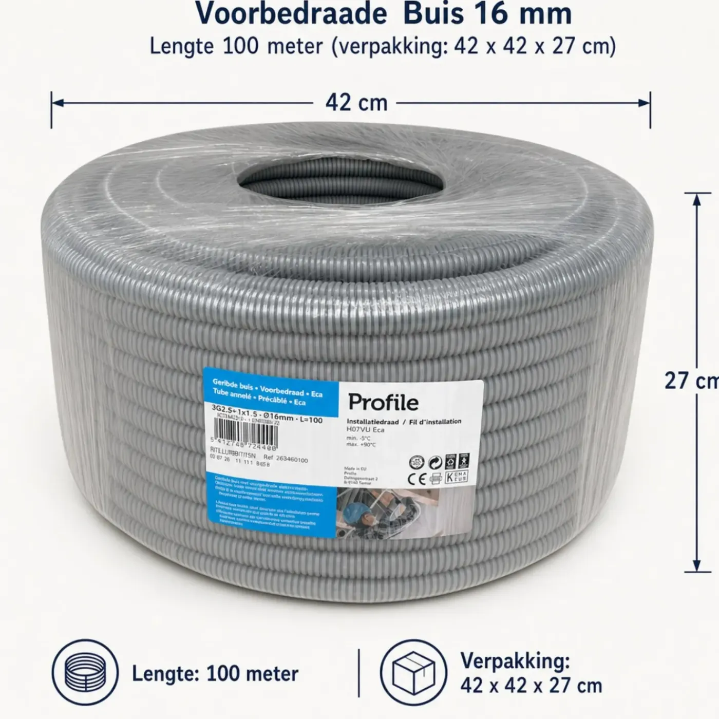 Profile Voorbedrade Flexibele Buis 16 Mm 100 M Grijs Met Vd Draad Voor Binneninstallaties
