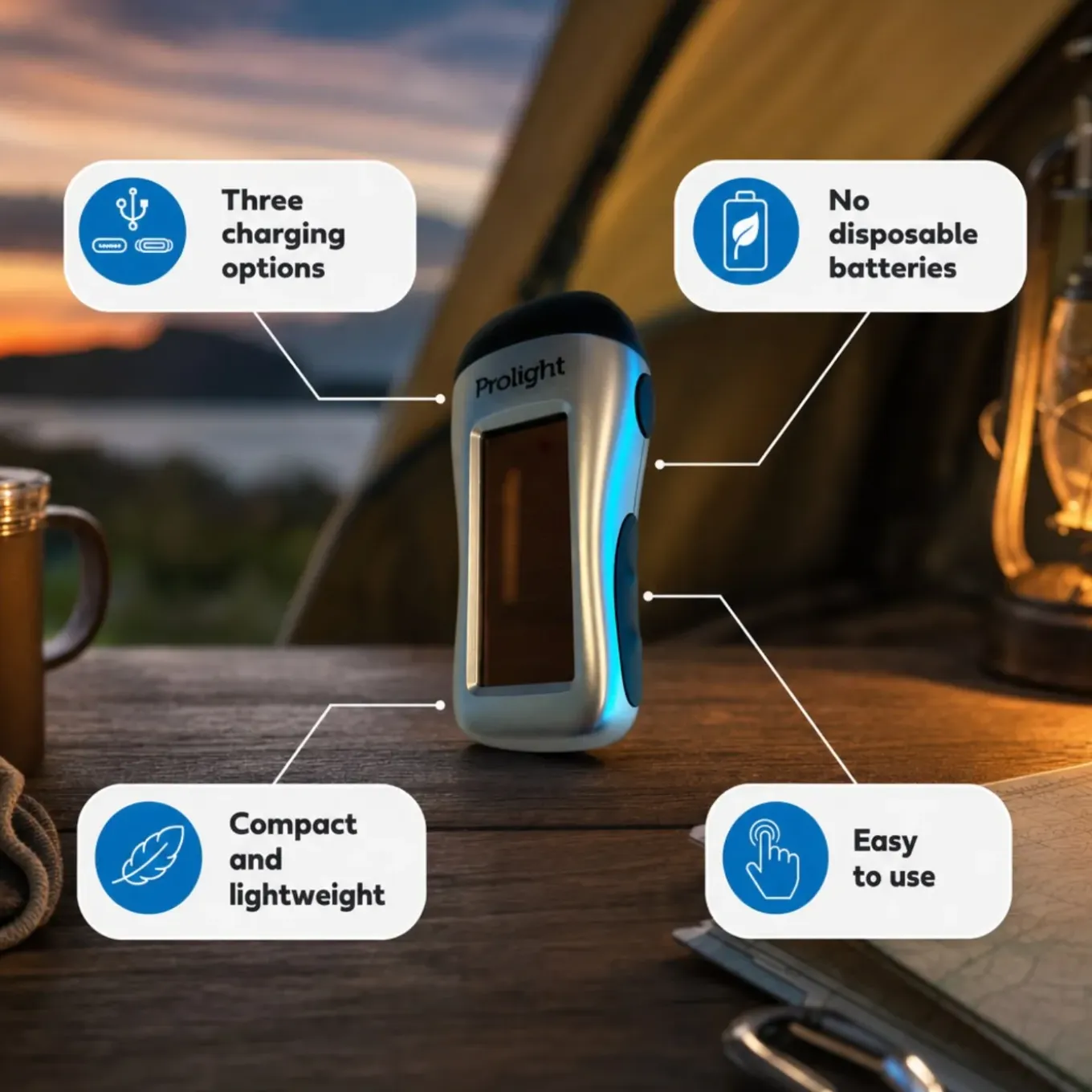 Prolight Zaklamp Oplaadbaar Via Dynamo, Usb En Solar - Grijs