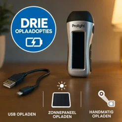 Prolight Zaklamp Oplaadbaar Via Dynamo, Usb En Solar - Grijs