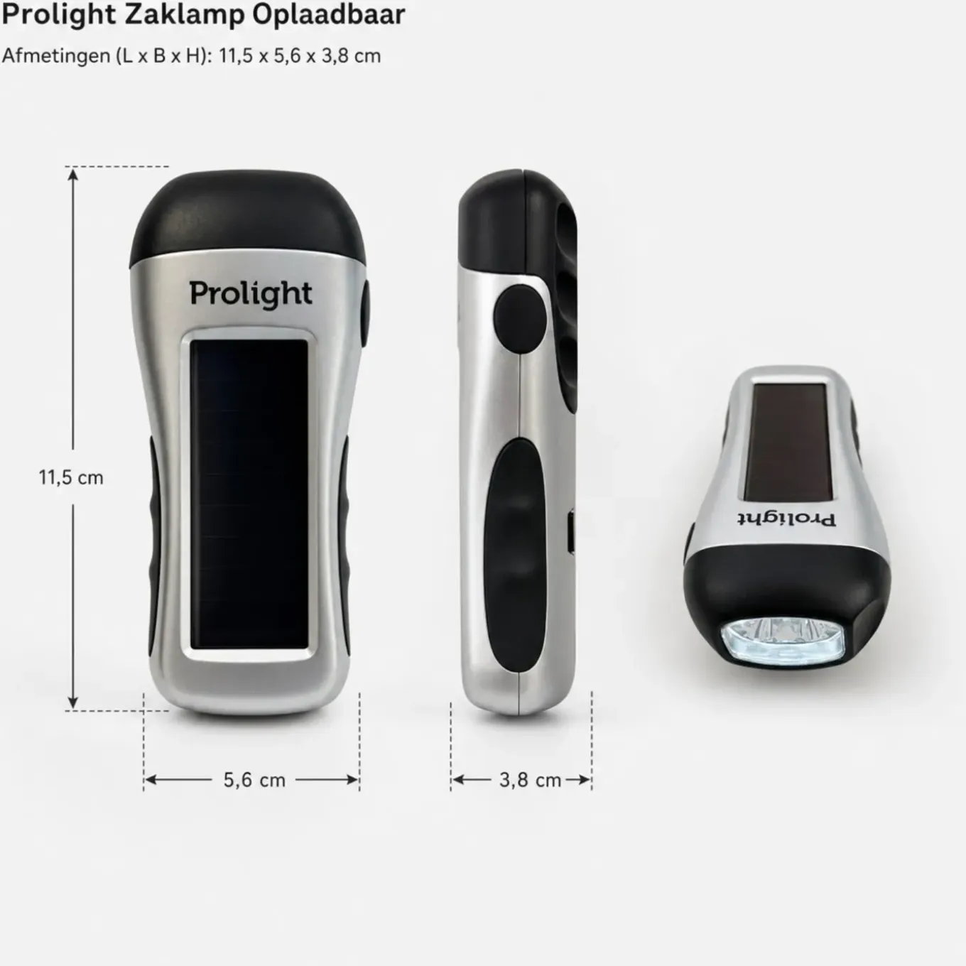 Prolight Zaklamp Oplaadbaar Via Dynamo, Usb En Solar - Grijs