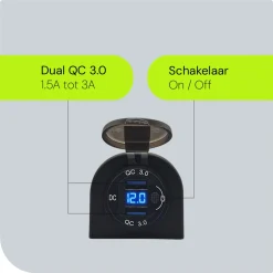 ProRide - Usb Autolader - 2 Poorten - Qc3.0 18w - Voltmeter - Schakelaar - 12v - Ip54