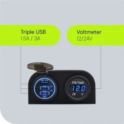 ProRide - Usb/usb-c Snellader - 3 Poorten - Qc3.0 18w - Voltmeter - Schakelaar - 12v