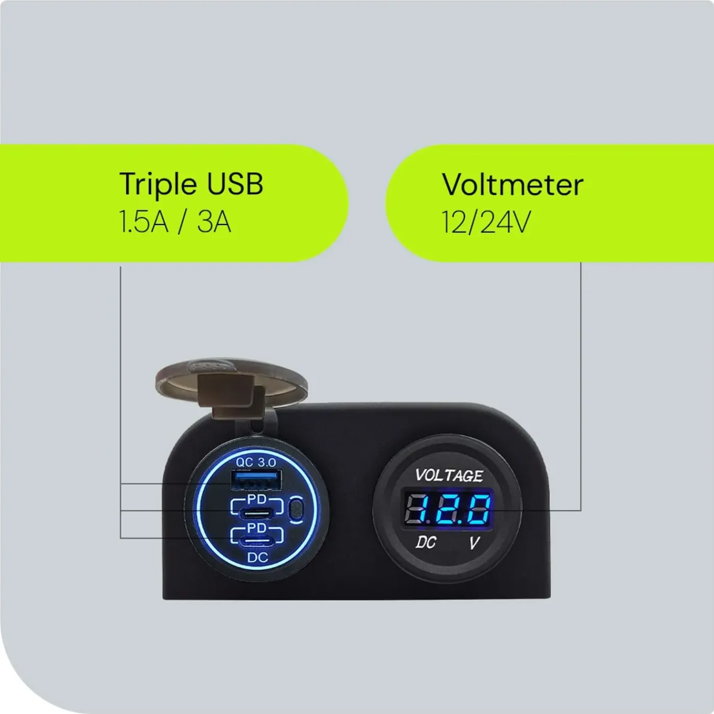 ProRide - Usb/usb-c Snellader - 3 Poorten - Qc3.0 18w - Voltmeter - Schakelaar - 12v