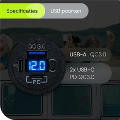 Overig Proride - Usb/usb-c Snellader - 3 Poorten - Qc3.0 18w - Voltmeter - Schakelaar - 12v
