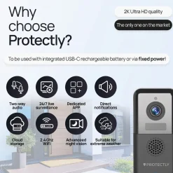 Protectly Deurbel 2k Video - Bedraad/draadloos - Gong - 64gb Sd