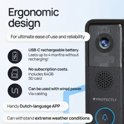 Protectly Deurbel 2k Video - Bedraad/draadloos - Gong - 64gb Sd