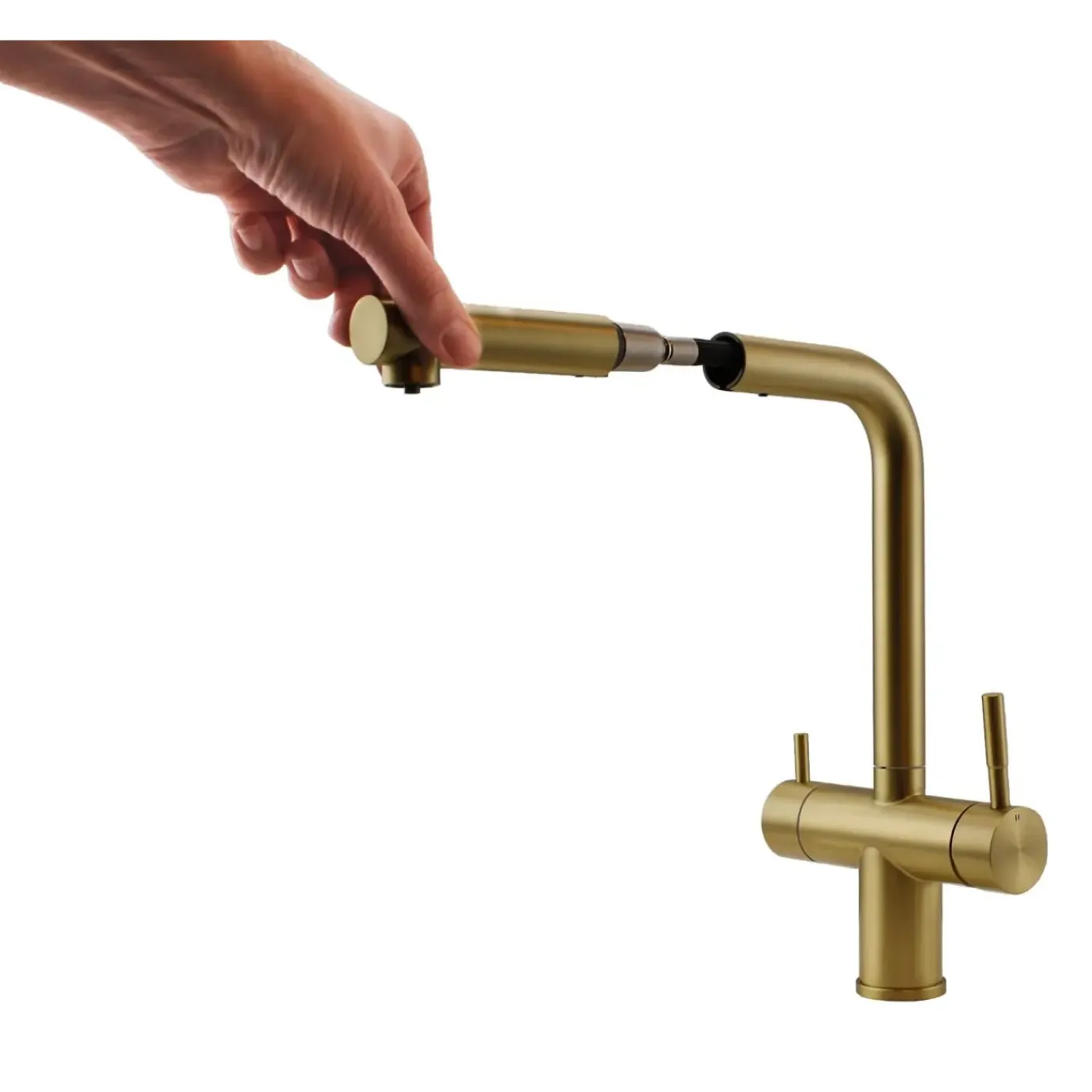 Pure.Sink Elite Steel Clear-s Pvd Geborsteld Goud 3-weg Keukenkraan Met Uittrekbare Uitloop En