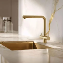 Pure.Sink Elite Steel Clear-s Pvd Geborsteld Goud 3-weg Keukenkraan Met Uittrekbare Uitloop En