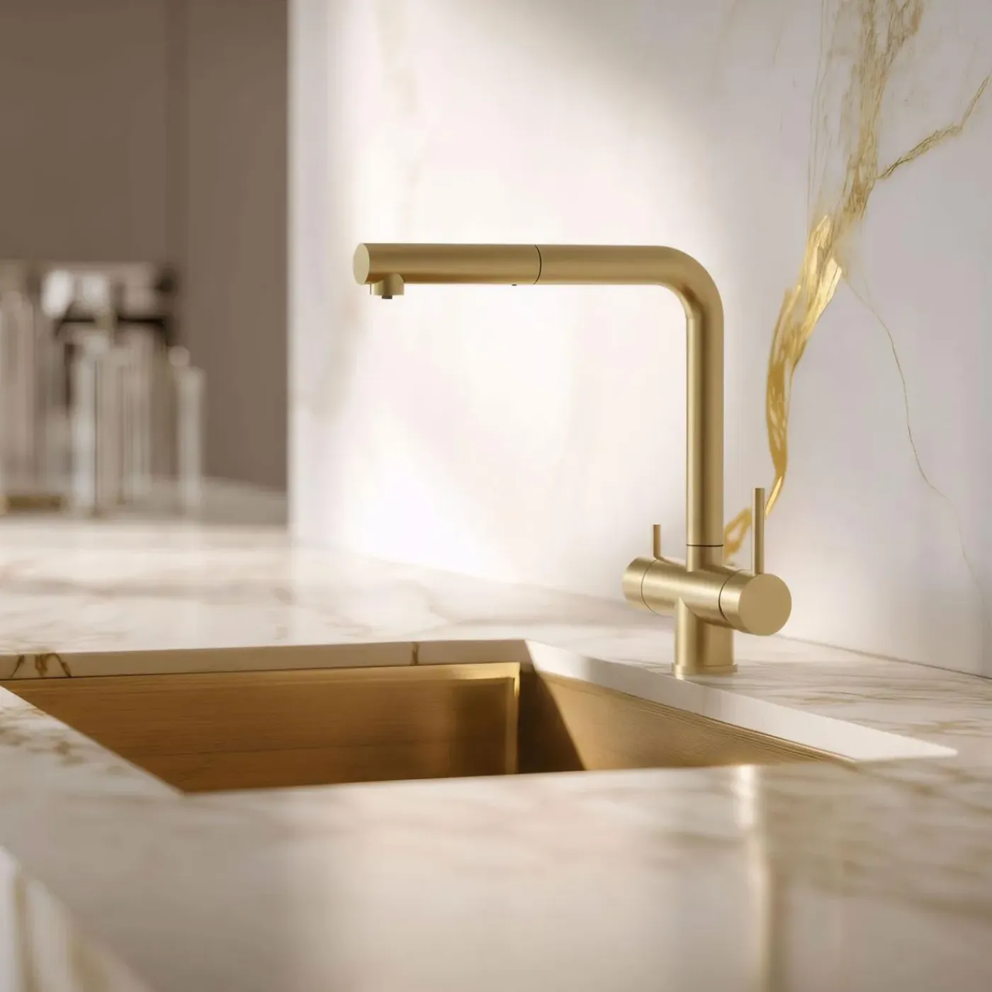 Pure.Sink Elite Steel Clear-s Pvd Geborsteld Goud 3-weg Keukenkraan Met Uittrekbare Uitloop En