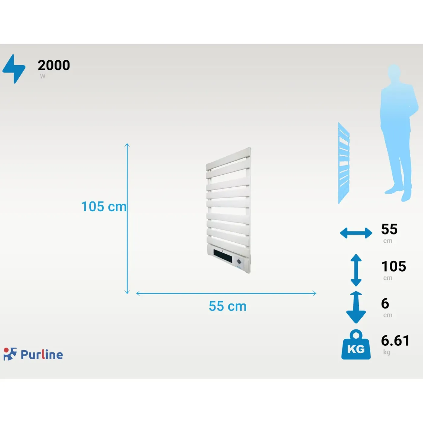 PURLINE Elektrisch Handdoekrek 1500w In Aluminium- Wit- Led-display En Wifi-bediening