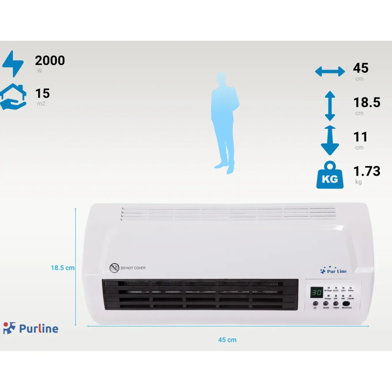 Purline Keramische Splitverwarmer 2000 W- Wandmontage- Wit- Afstandsbediening- Timer- 3 Bedrijfsmodi