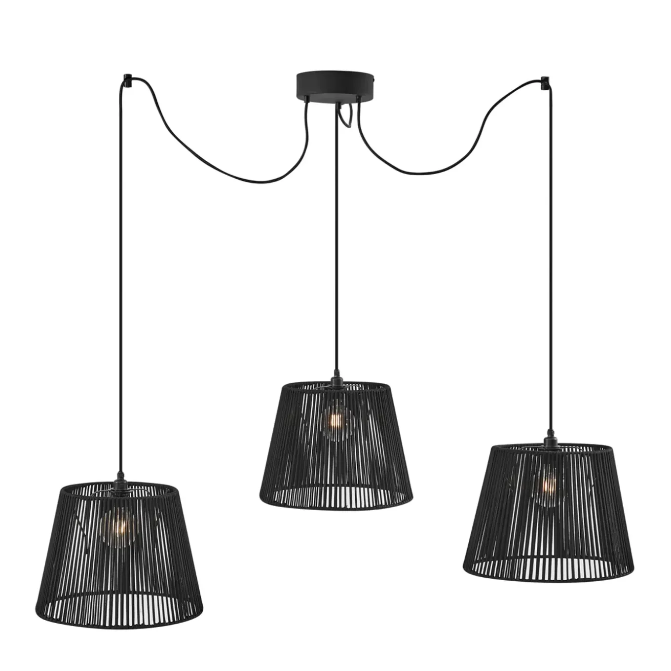 Qazqa Buiten Hanglamp Zwart Met Zwarte Kap Van Touw 3-lichts Ip44 - Cava Jayla