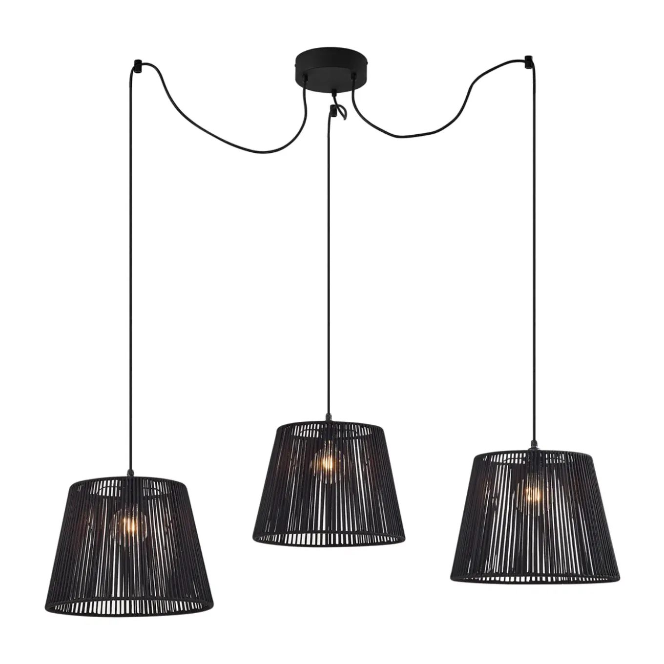 Qazqa Buiten Hanglamp Zwart Met Zwarte Kap Van Touw 3-lichts Ip44 - Cava Jayla