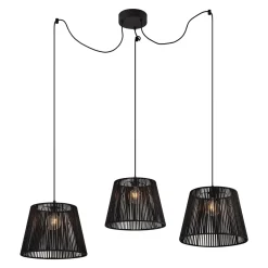 Qazqa Buiten Hanglamp Zwart Met Zwarte Kap Van Touw 3-lichts Ip44 - Cava Jayla