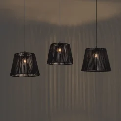 Qazqa Buiten Hanglamp Zwart Met Zwarte Kap Van Touw 3-lichts Ip44 - Cava Jayla