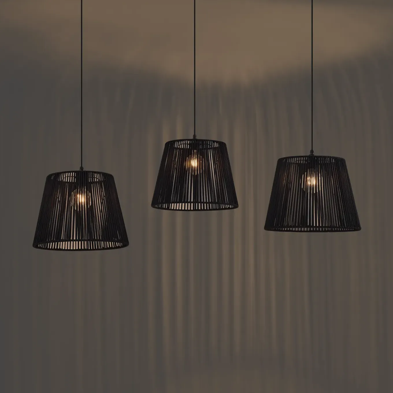 Qazqa Buiten Hanglamp Zwart Met Zwarte Kap Van Touw 3-lichts Ip44 - Cava Jayla
