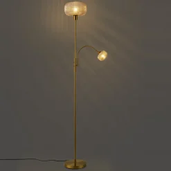 Qazqa Design Vloerlamp Messing Met Amber Glas 2-lichts - Brianna