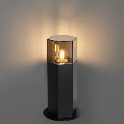 Qazqa Staande Buitenlamp Zwart Met Smoke Kap Zeshoek 30 Cm - Denmark