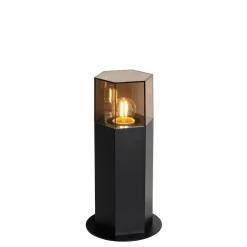 Qazqa Staande Buitenlamp Zwart Met Smoke Kap Zeshoek 30 Cm - Denmark