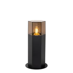 Qazqa Staande Buitenlamp Zwart Met Smoke Kap Zeshoek 30 Cm - Denmark