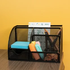 Quvio Bureau Organizer 5 Vakken + 1 Lade + 1 Plankje Met Gaas - Zwart
