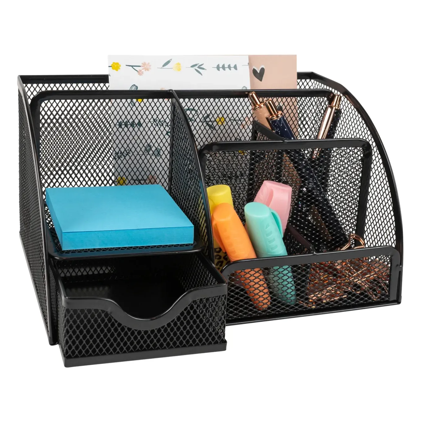Quvio Bureau Organizer 5 Vakken + 1 Lade + 1 Plankje Met Gaas - Zwart
